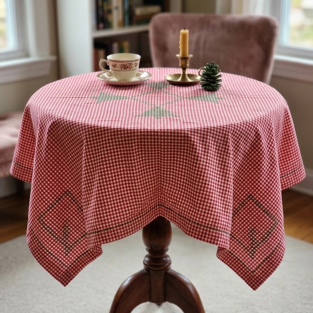 Vintage Red Gingham Tablecloth Hand Embroidered Christmas Tree Cross Stitch 40"
